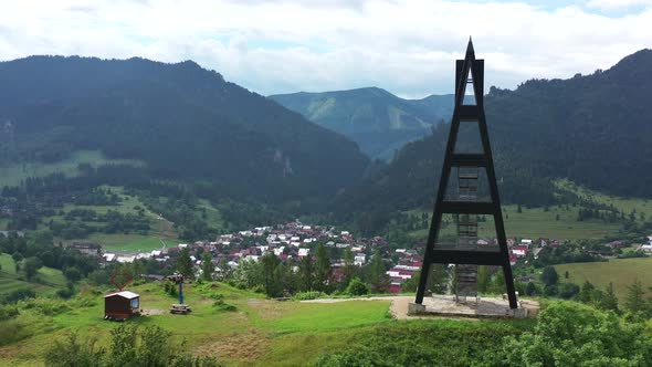 Aerial view of a lookout tower in the village of Terchova in Slovakia