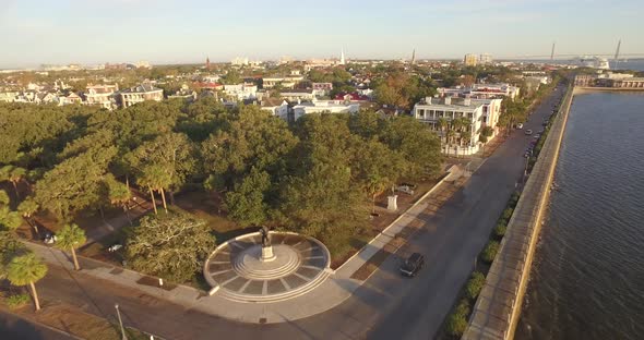 Aerial of White Point Garden and the Battery in Charleston, SC