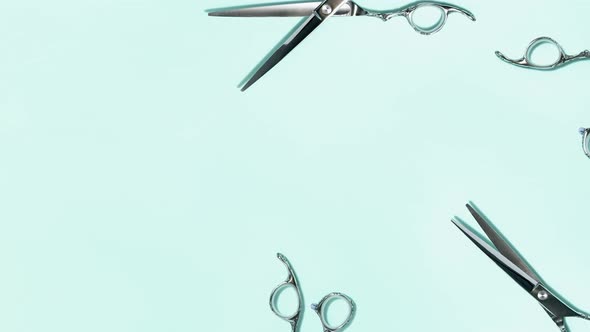 Flat lay of professional silver hair cutting shears set on green background. Hairdresser salon