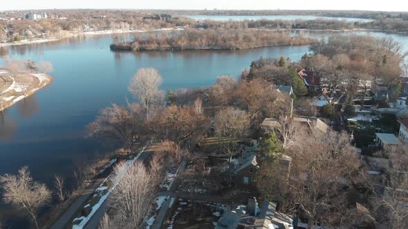 Aerial footage lake of the isles and Calhound lake,minnesota, during a sunny afternoon