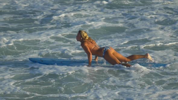 A young woman surfing in a bikini on a longboard surfboard.