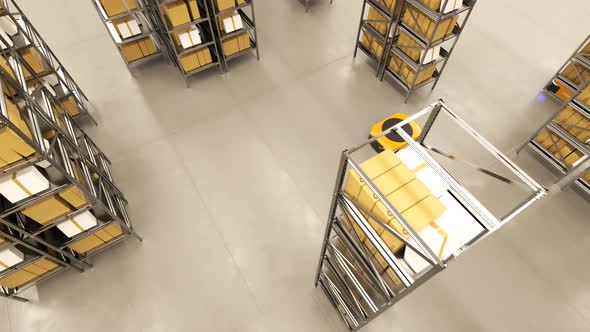 Warehouse industry autonomic robots carrying metal shelves with cardboard boxes.