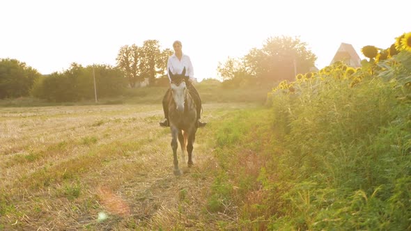 Female Rider Rides on Horseback Across the Field