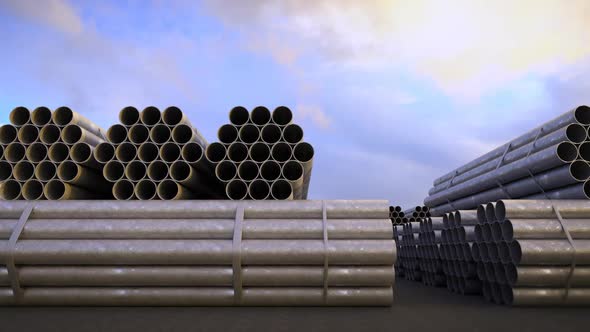 Background CG animation of steel pipes bunches. Tubes building construction