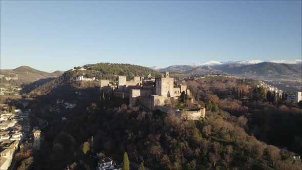 Half aerial orbit around strategically placed Alhambra Nasrid palace complex