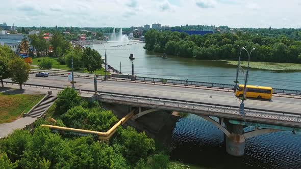 Aerial cityscape view. Aerial drone view of bridge over river