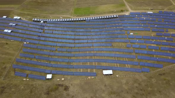 Solar Panels Farm (solar cell). Renewable green alternative energy concept - Aerial view