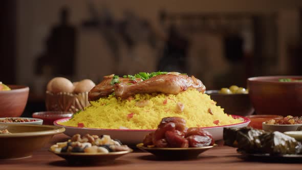Couscous with Chicken Closeup Muslim Family Dinner Ramadan Iftar