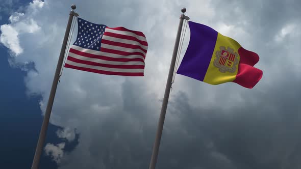 Waving Flags Of The United States And The Andorra 4K