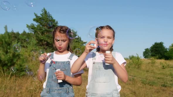 Two Little Twin Girls Walk in the Park and Blow Bubbles