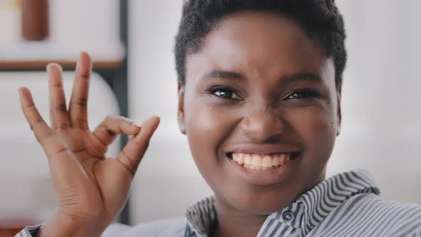 Portrait of African American Woman Businesswoman Wife Looking at Camera Smiling Sincerely Showing Ok