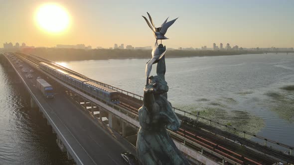 Kyiv, Ukraine : Metro Bridge in the Morning at Sunrise. Dnipro Station