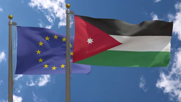 European Union Flag Vs Jordan Flag On Flagpole