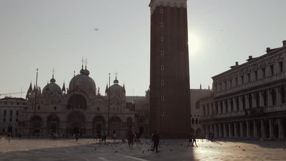 Tilt up shot of St Marco bell tower, Piazza San Marco, Morning, Venice, Italy