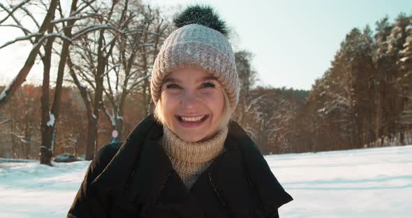 Portrait Cheerful Young Girl Winter Clothes Smiling While Standing Snowy Forest