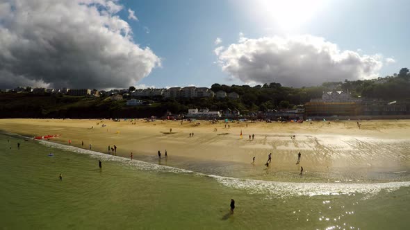 Aerial View Of Beach And Seaside, Coastline of Carbis Bay, St Ives, Cornwall, Penzance