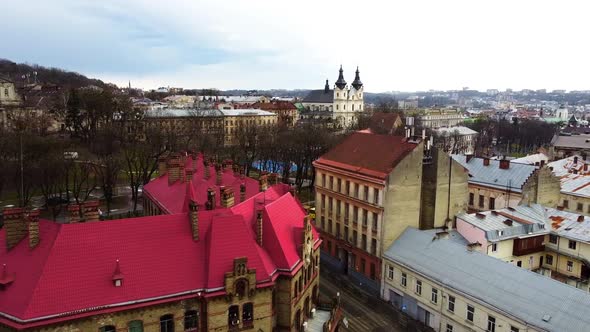 Aerial view of a drone flying over the building.