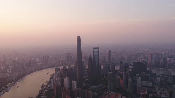 The scenery on both sides of the Huangpu River in Shanghai, China at twilight