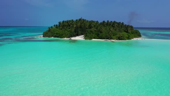 Aerial sky of tranquil island beach time by blue sea and white sandy background of a dayout after su