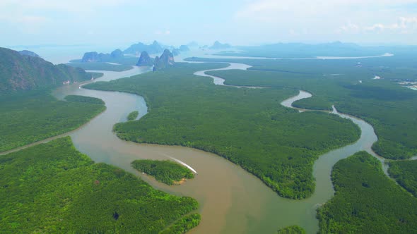 An aerial view from a drone flying over Phang Nga Bay