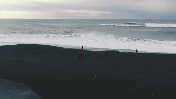 Aerial Drone View of Company of Friends Walking on Volcanic Black Sand Beach in Iceland and Having