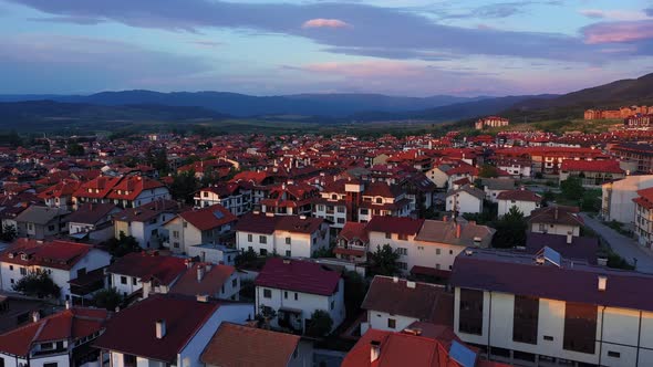 Panoramic Aerial View Of Ski Resort In Twilight