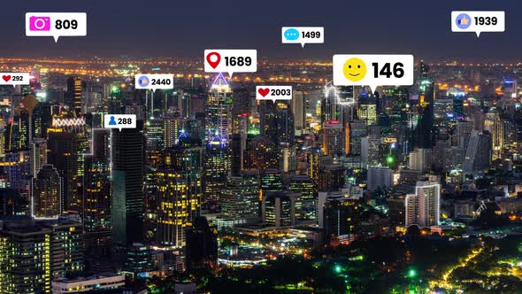 Social Media Icons Fly Over City Downtown Showing People Engagement Connection
