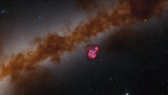 Spaceship Flies Near Colored Nebula in Space