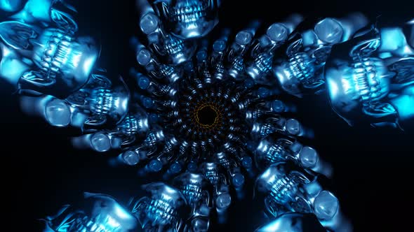 Endless moving tunnel of skulls. Digital loop animation