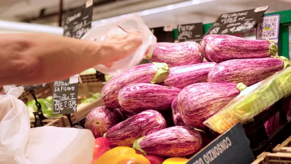 Picking eggplant at grocery store. Customer hand choosing aubergine in the market at slow motion. He