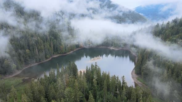 Mountain Lake Synevyr. Aerial View of the Carpathian Mountains in Autumn. Ukraine