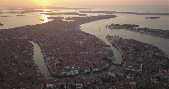 Higher Altitude Aerial shot of Beautiful Morning over Canal Grande in Venice, Italy