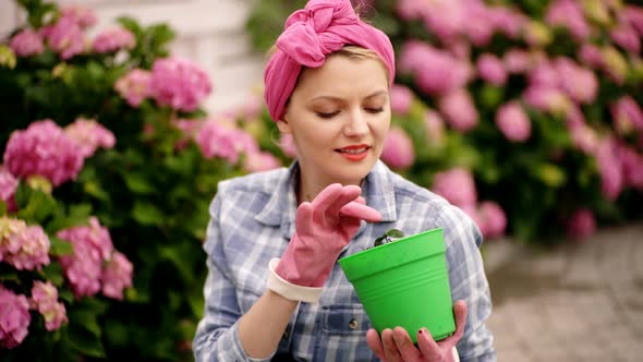 Garden Scene with Woman Plants Hydrangea in Pot, Fresh Bouquet of Flowers, Spring Time.