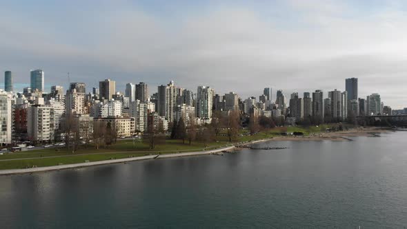 Various drone shots at English Bay near downtown Vancouver, BC during Polar Bear 2019 event