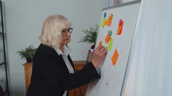 Senior Business Woman Making Notes on Board with Stickers Analyzing Infographics Use Laptop Computer