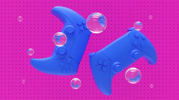 Blue standard videogame controllers on a pink background