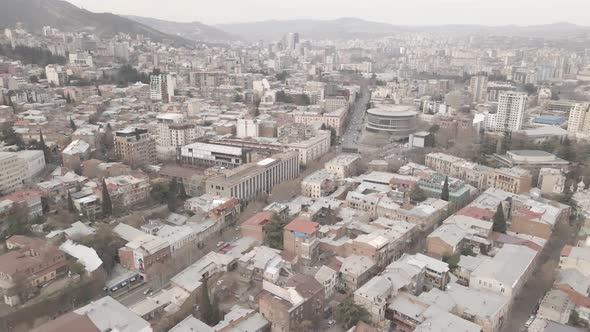 Tbilisi, Georgia - April 5 2021: Flying over Shota Rustaveli Avenue