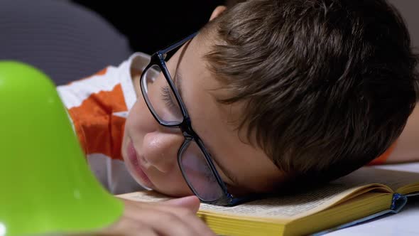 Inquisitive Boy with Glasses Fell Asleep on Book Read on Table