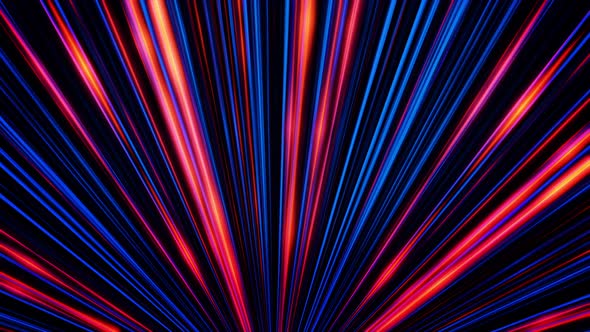 Abstract colorful animation with straight, shimmering, blue and red rays shining from one point