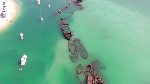 Aerial Flyover of Tangalooma Shipwrecks in Brisbane Australia in the Summer