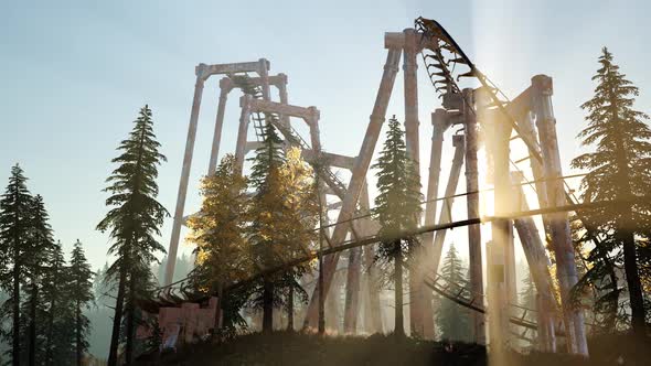 Old Roller Coaster at Sunset in Forest