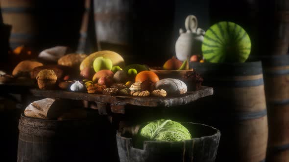 Food Table with Wine Barrels and Some Fruits Vegetables and Bread alt