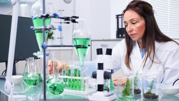 In Biochemistry Research Center Female Scientist Is Looking at Plant Test Samples alt