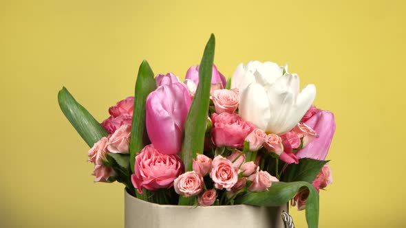 Beautiful Bouquet Flower with Roses and Tulips, on Yellow, Rotation