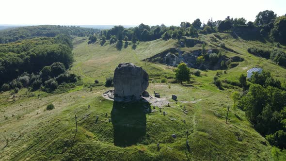 Aerial Shot Village Pidkamin. Devil Stone. Ukraine