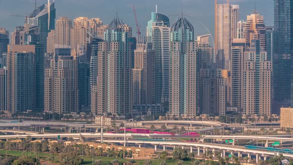 Dubai Marina Skyscrapers and Golf Course Morning Timelapse Dubai United Arab Emirates