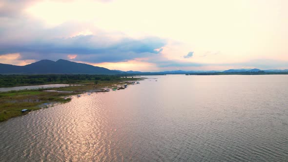 4K Aerial view drone fly over Water reservoir  in the countryside of Thailand.