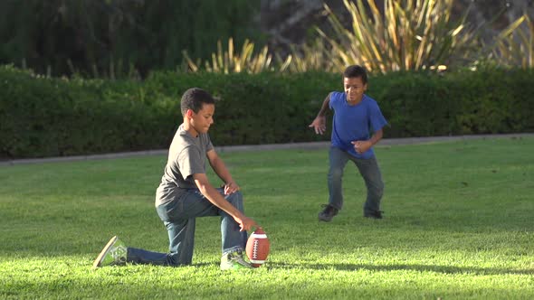 Two brothers kicking a football.