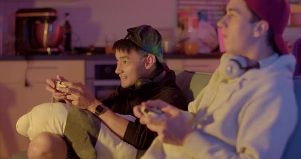 Expression Emotions Face Video Game Players Two Guys Use Controllers Their Hands