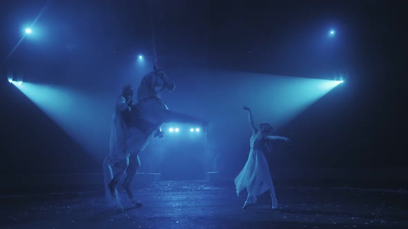 a girl in a white dress rears up a horse with a rider under beautiful lighting, a circus performance